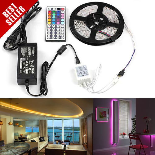 5m (16.4ft) 5050 SMD Color Changing RGB LED Light Strip Kit With 44 key Controller and Power Supply [NFLK-RGB300-RF]